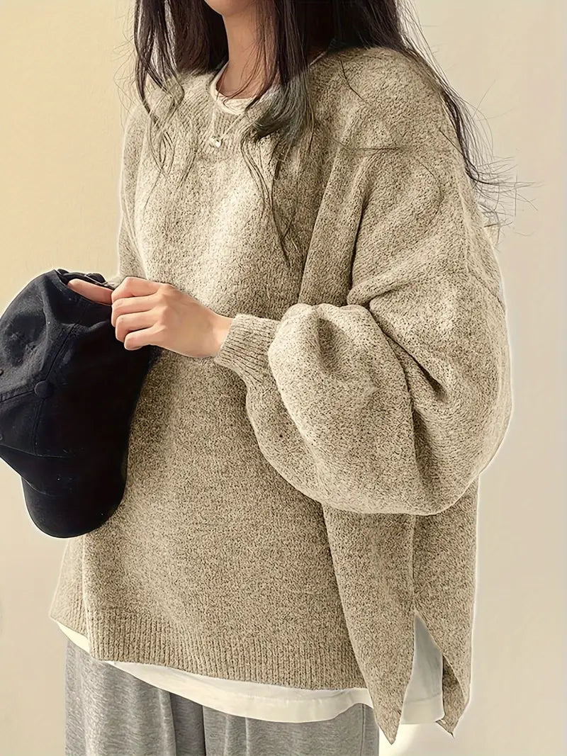 Women's Oversized Jumper with Round Neck and Melange Knit in Beige