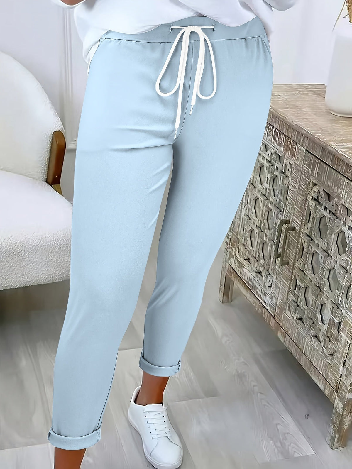 Women's Joggers with Tie Waist and Turn-Up Cuffs in Light Grey