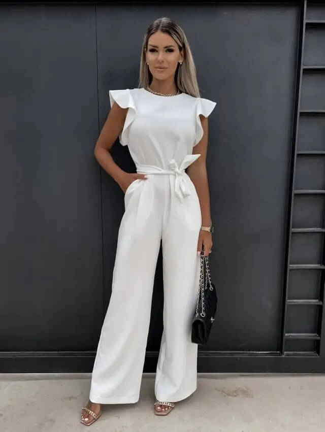 Women's Jumpsuit with Ruffled Sleeves and Tie Waist in White