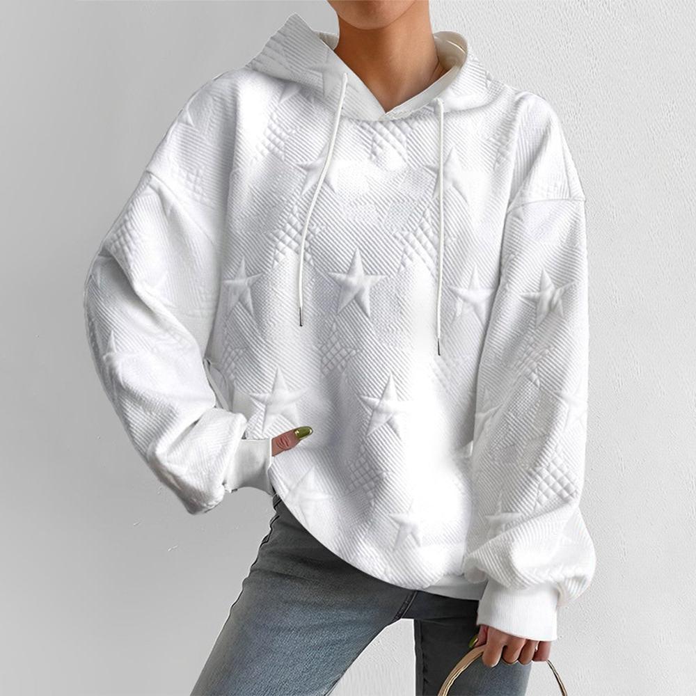 Women's Embossed Star Pattern Hoodie, Relaxed Fit in White