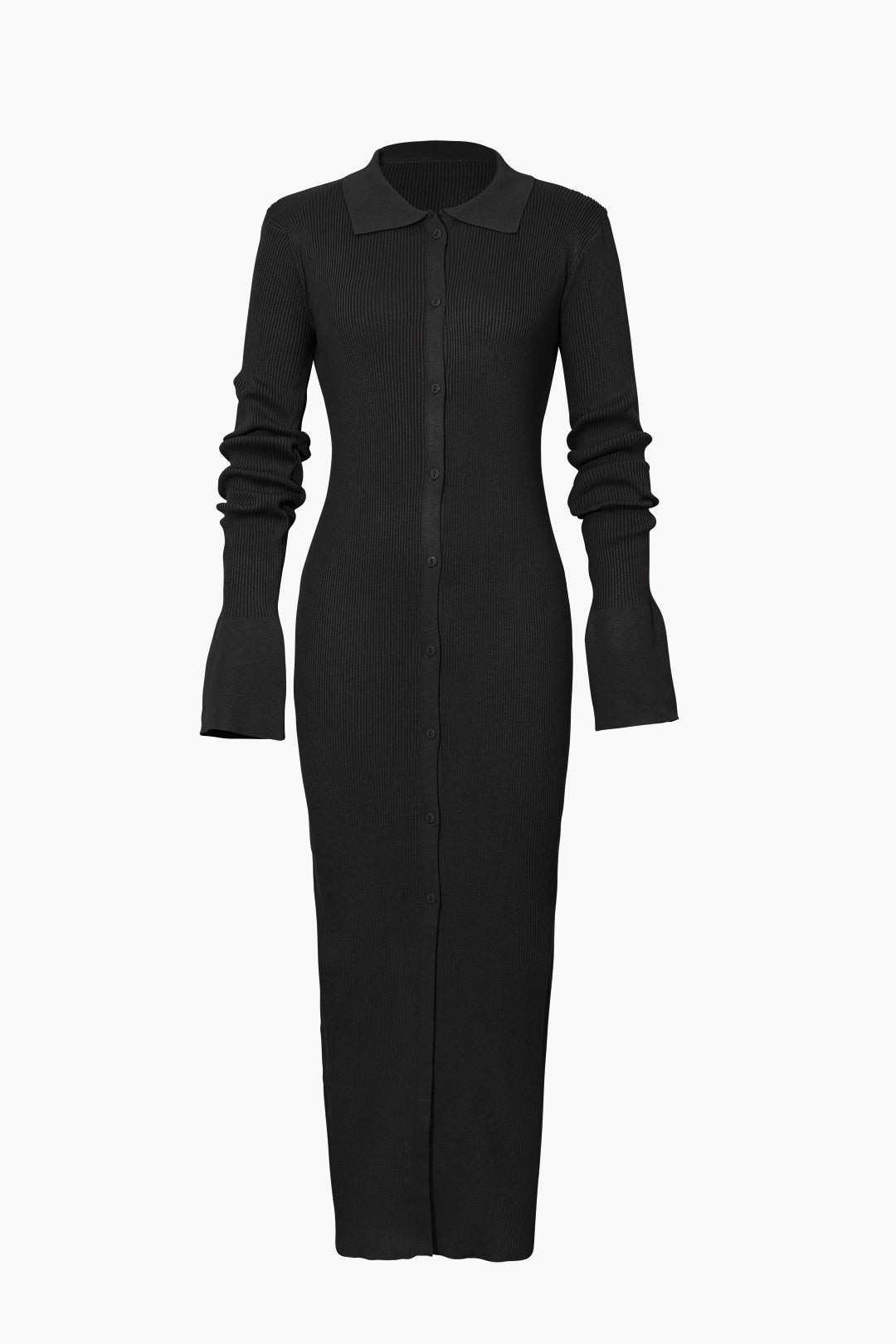 Women's Ribbed Knit Maxi Dress with Polo Collar and Button Front in Black