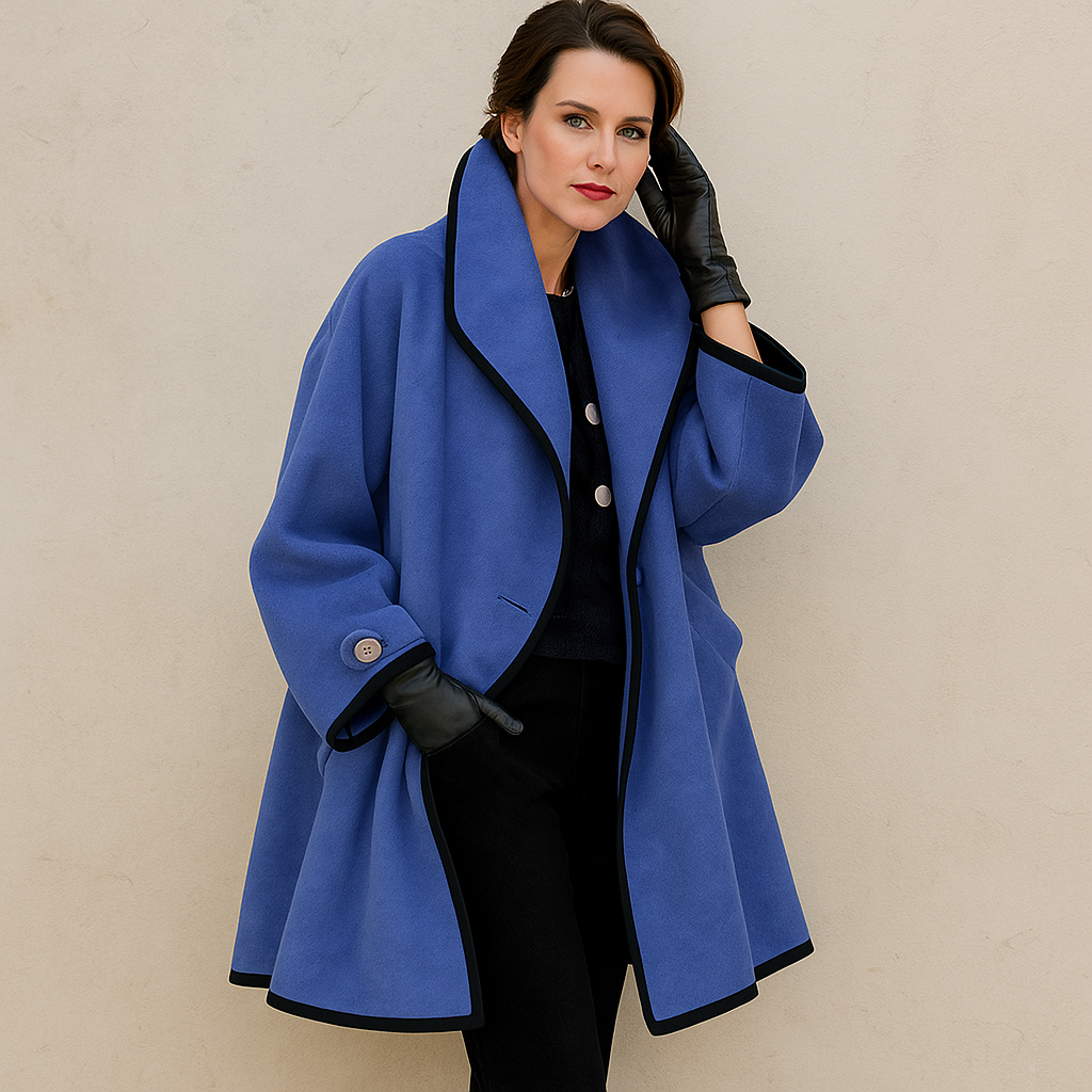 Women's Coat with Wide Lapels and Contrast Piping in Blue