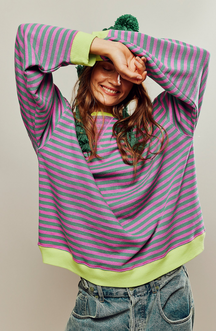 Women's Striped Oversized Jumper with Contrast Trim in Green-Pink