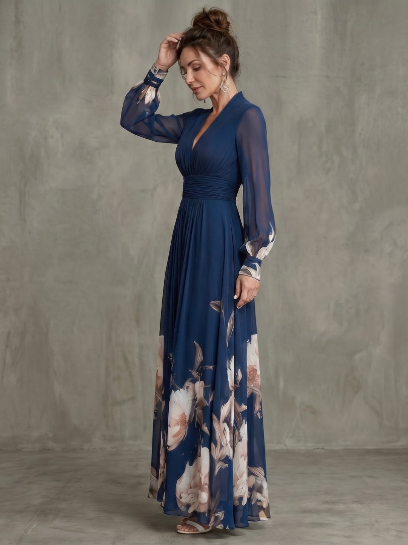 Women's Navy Floral Maxi Dress with V-Neckline in Navy