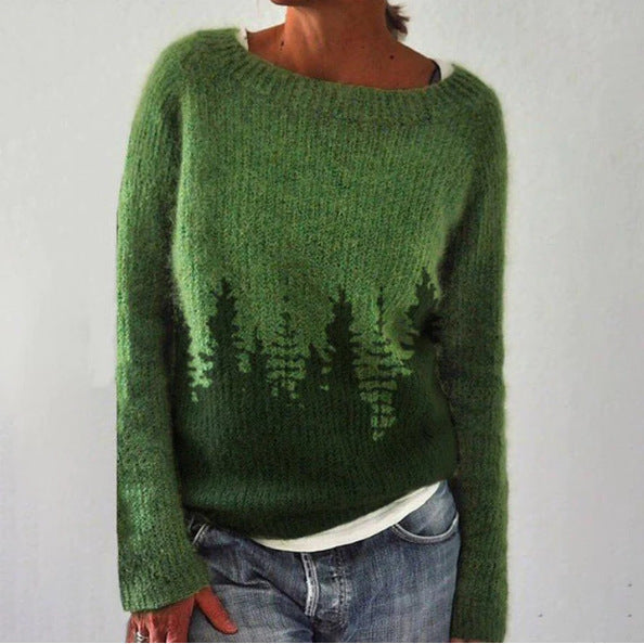Women's Patterned Knit Jumper with Round Neckline in Green