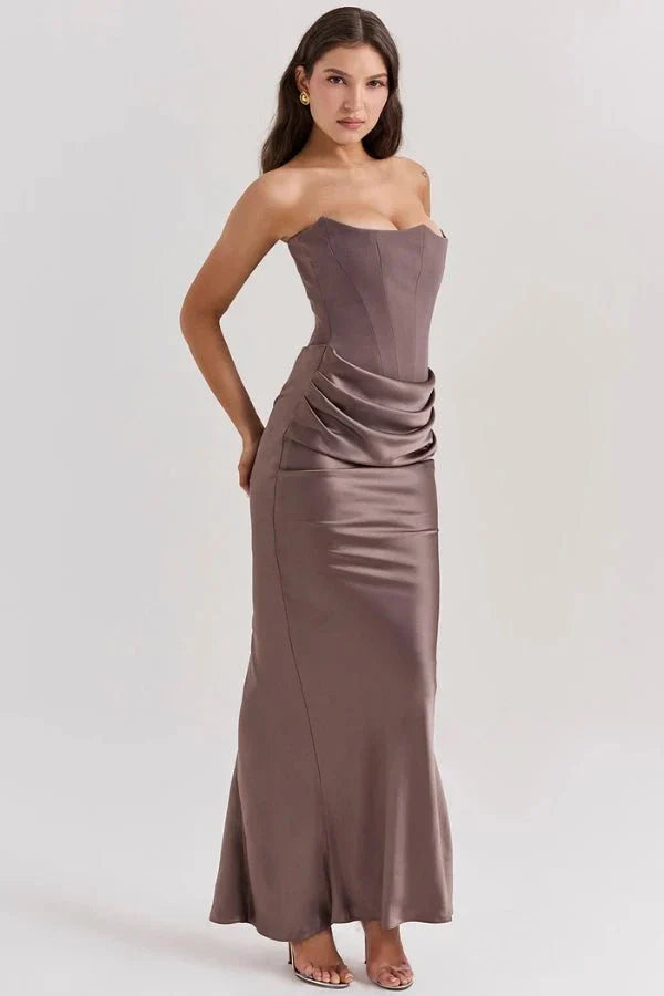 Women's Strapless Maxi Dress with Corset Bodice and Ruching in Smoky