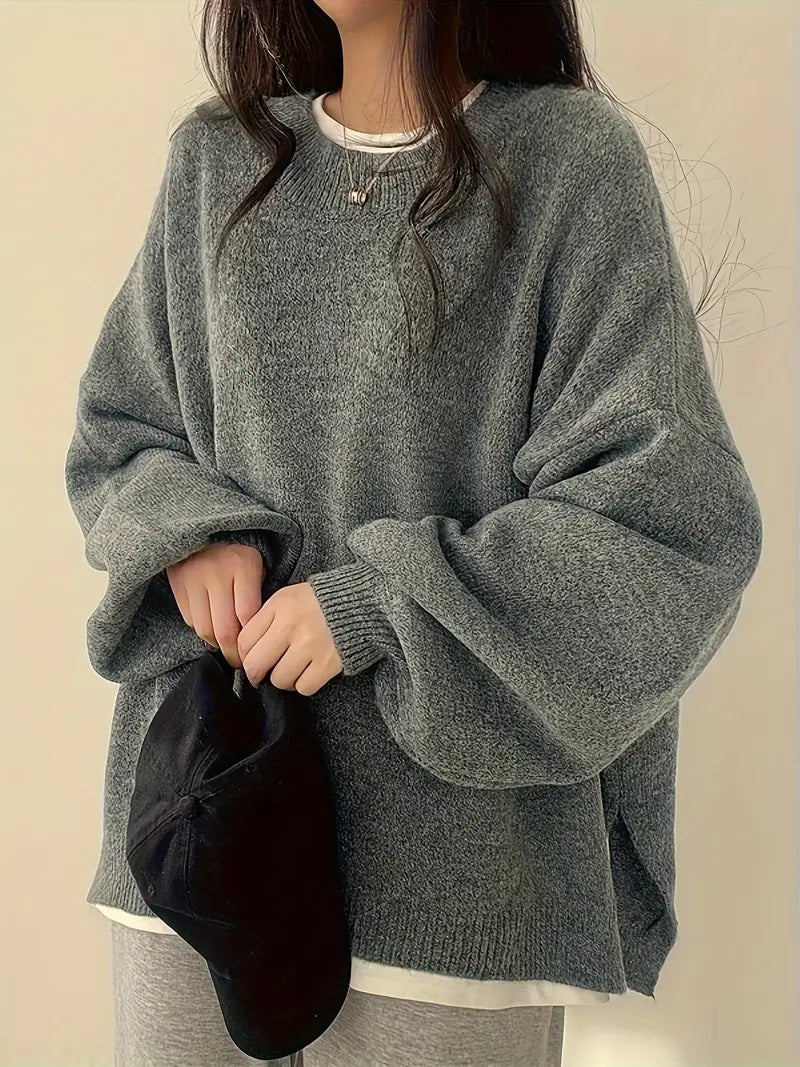 Women's Oversized Jumper with Round Neck and Melange Knit in Grey