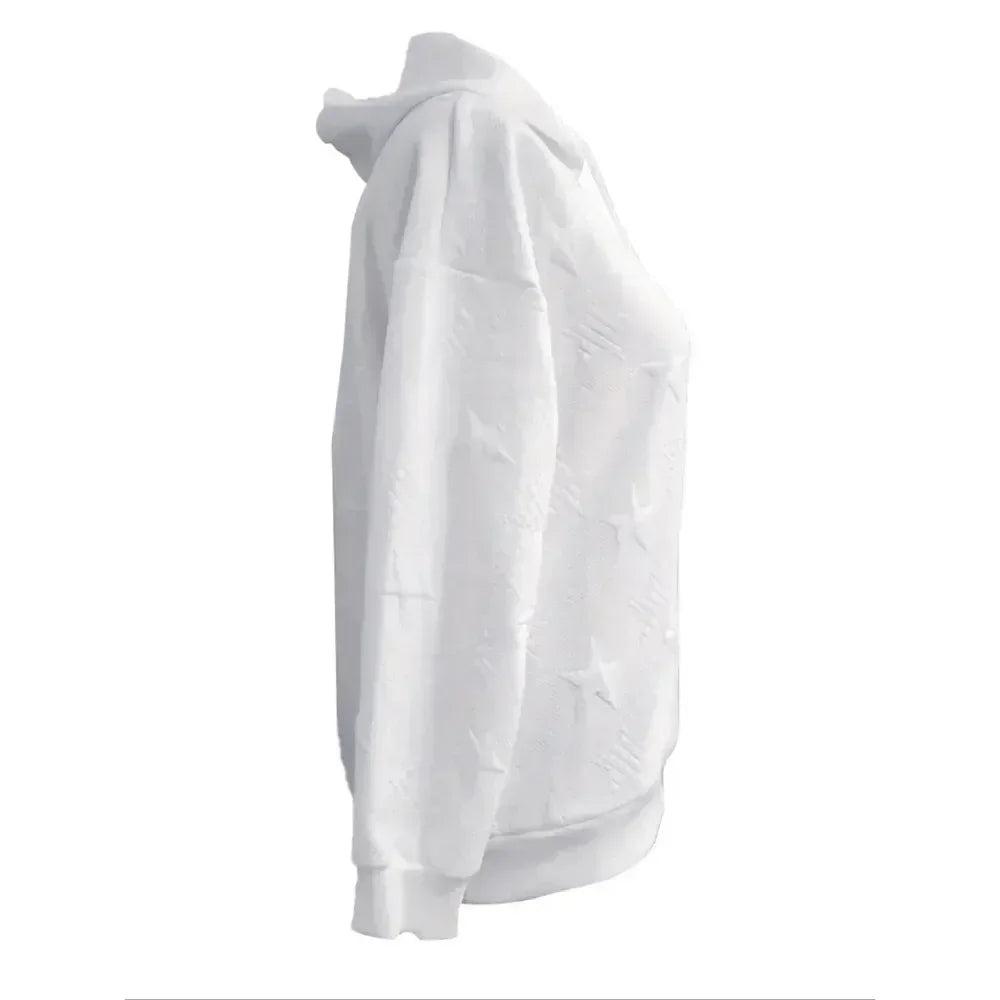 Women's Embossed Star Pattern Hoodie, Relaxed Fit in White