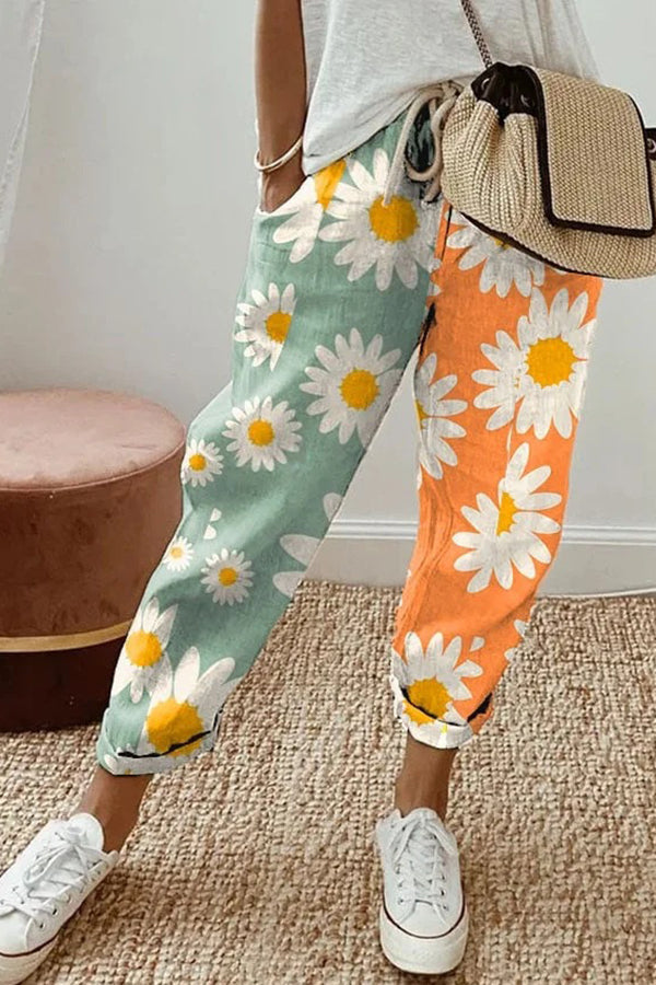 Women's 7/8 Wide-Leg Trousers with a Tie Waist in Green-Orange