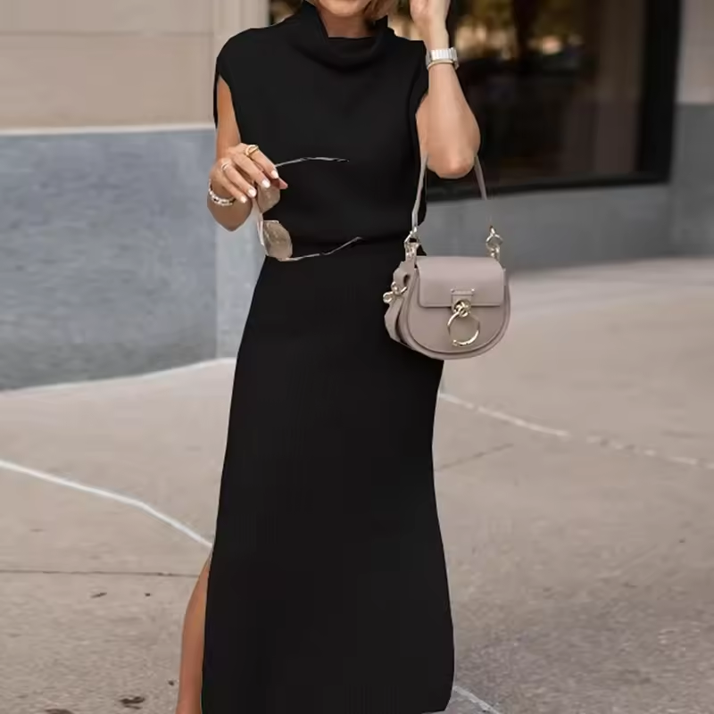 Women's Sleeveless Ribbed Knit Midi Dress with Roll Neck in Black