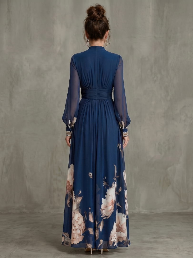 Women's Navy Floral Maxi Dress with V-Neckline in Navy
