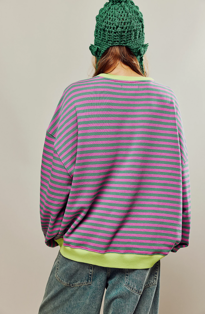 Women's Striped Oversized Jumper with Contrast Trim in Green-Pink