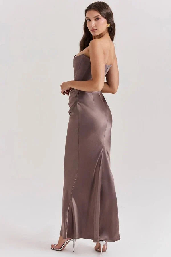 Women's Strapless Maxi Dress with Corset Bodice and Ruching in Smoky