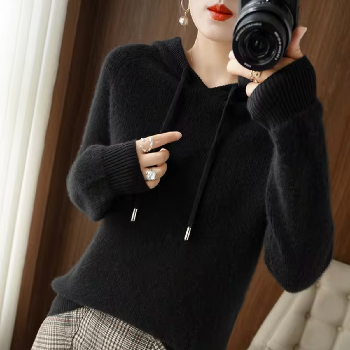 Women's Knitted Hooded Sweater with Drawstrings, Relaxed Fit in Black