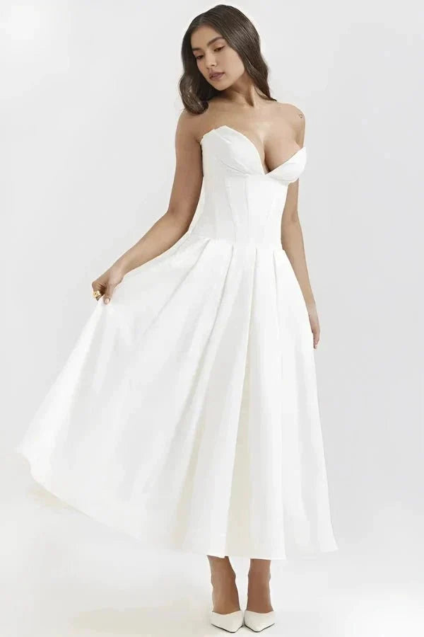Women's Strapless Midi Dress with Sweetheart Neckline, Full Skirt in White
