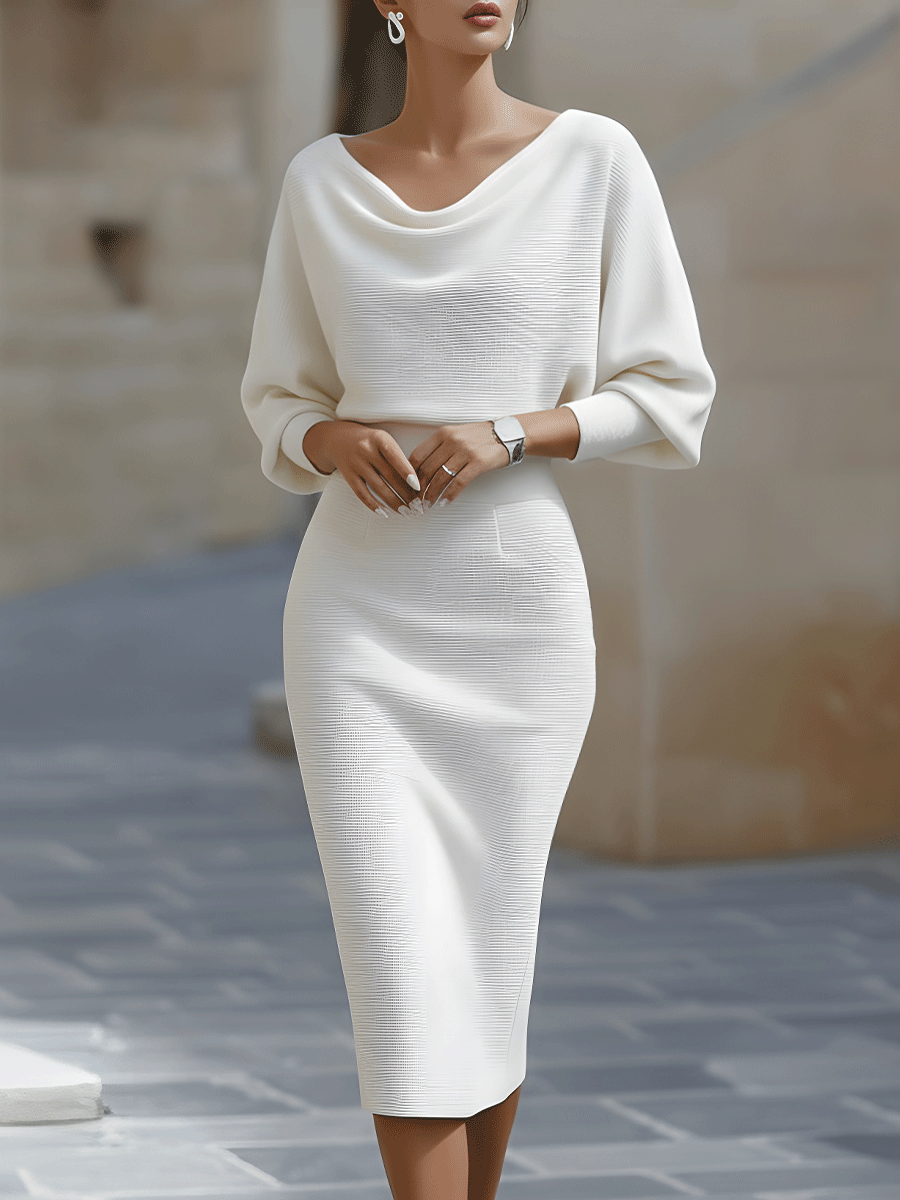 Women's Ribbed Knit Midi Dress with Cowl Neck and Batwing Sleeves in White