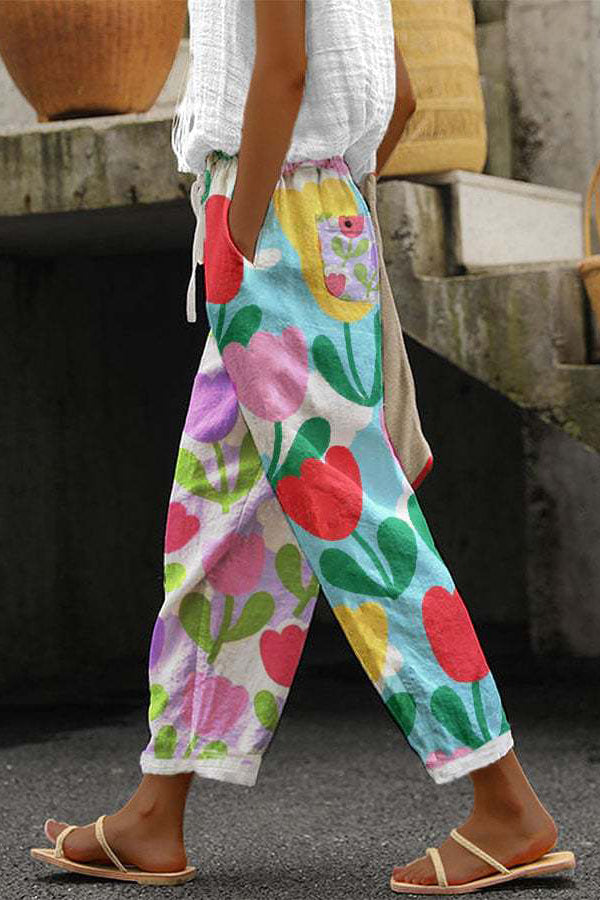 Women's 7/8 Wide-Leg Trousers with a Tie Waist in Blue Floral