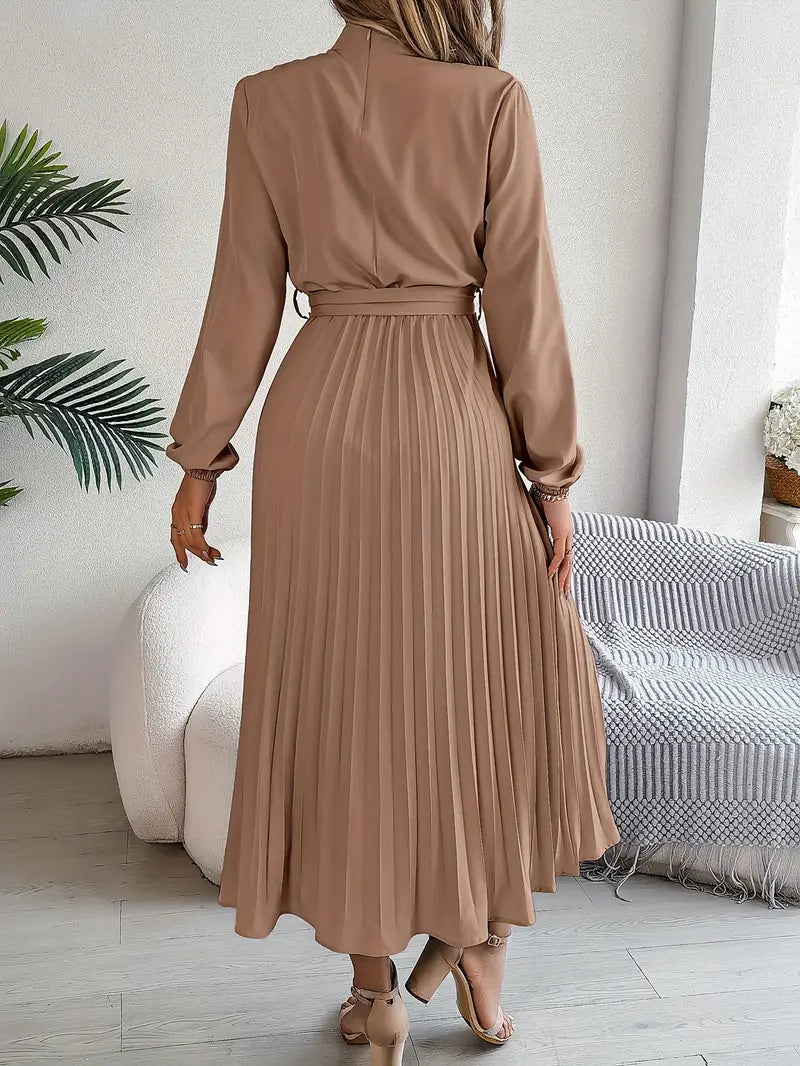 Women's Pleated Midi Dress with Stand Collar and Tie Belt in Khaki