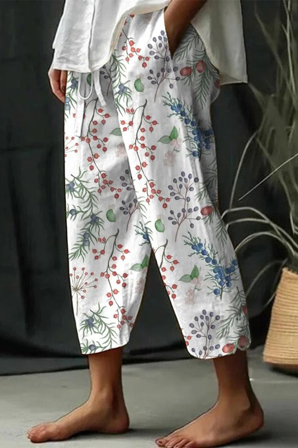 Women's 7/8 Wide-Leg Trousers with a Tie Waist in White-Red