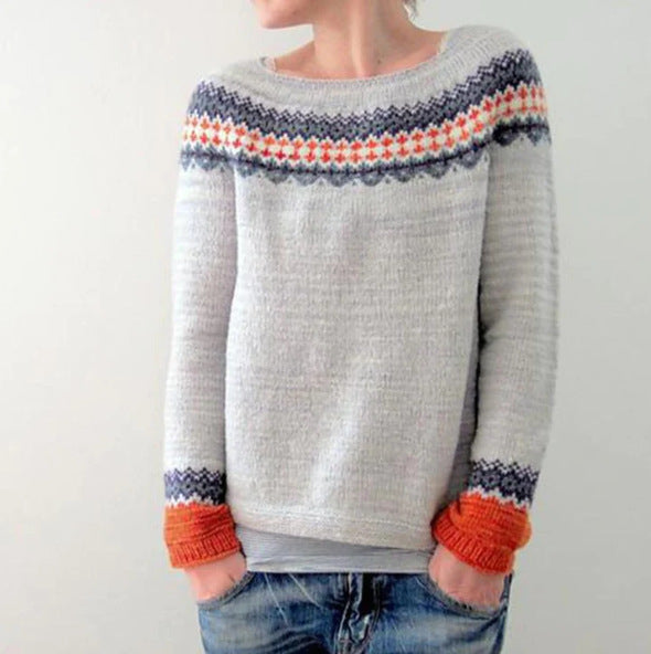 Women's Patterned Knit Jumper with Round Neckline in Grey