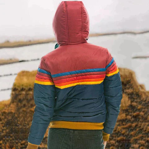 Women's Quilted Hooded Coat with Colourful Stripes in Navy