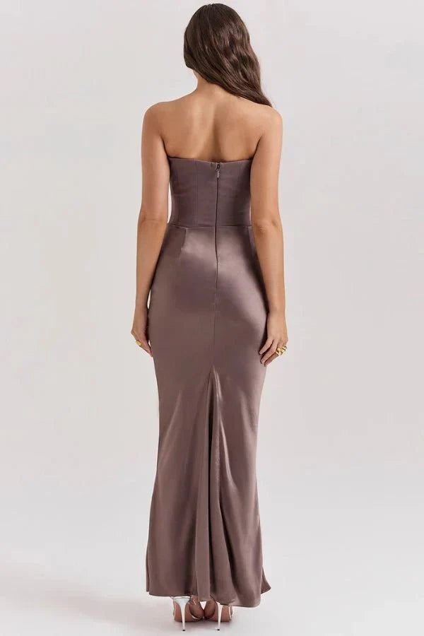 Women's Strapless Maxi Dress with Corset Bodice and Ruching in Smoky
