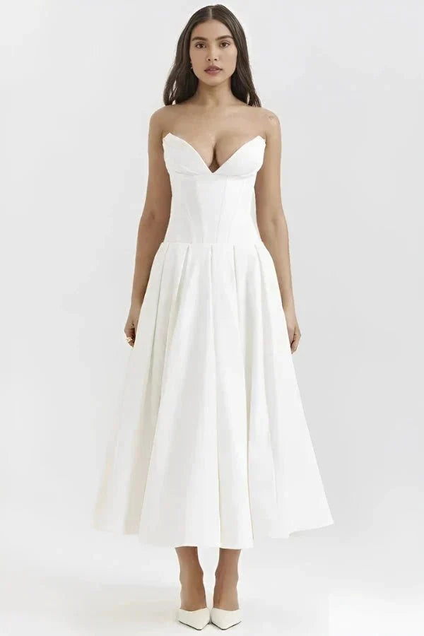 Women's Strapless Midi Dress with Sweetheart Neckline, Full Skirt in White