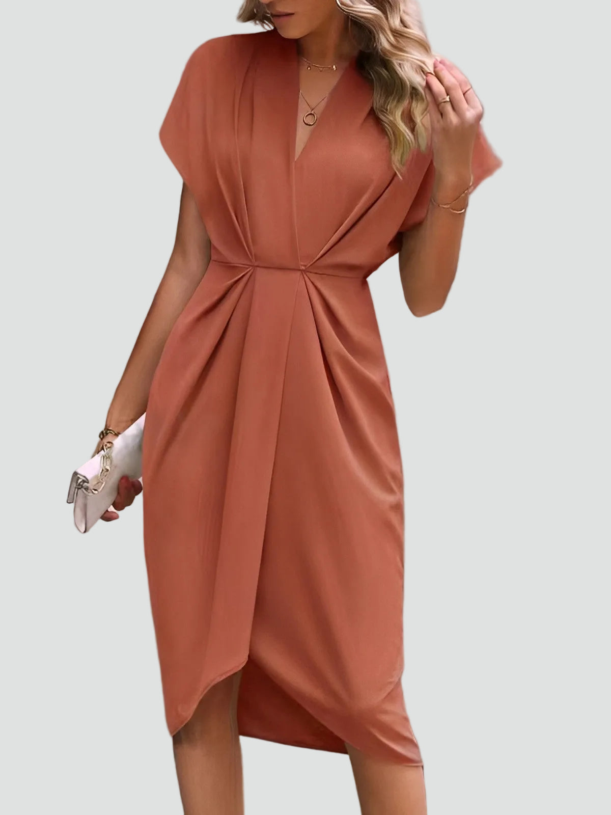 Women's V-Neck Midi Dress with Tie Waist and Wrap Skirt in Coral