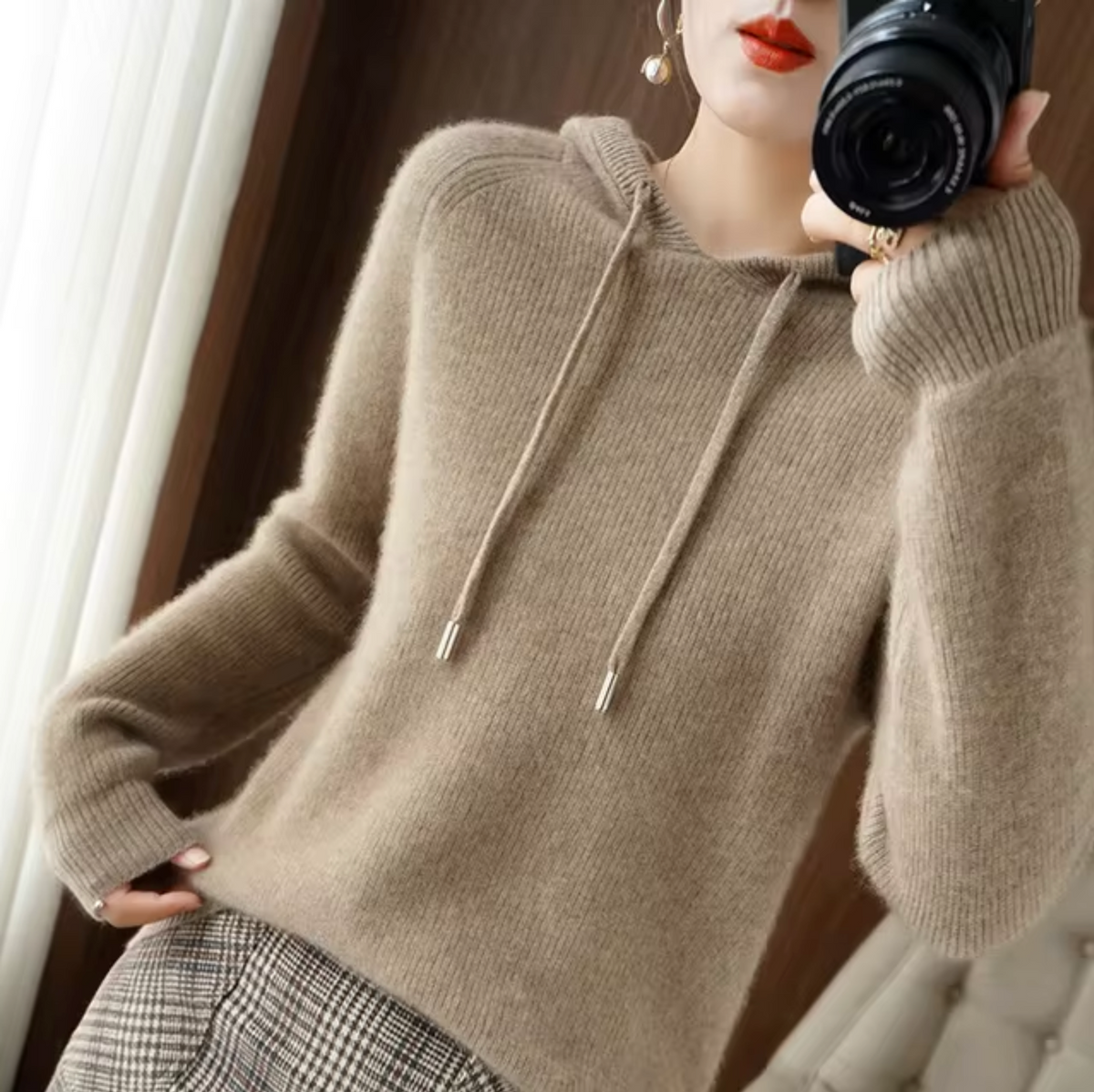 Women's Knitted Hooded Sweater with Drawstrings, Relaxed Fit in Light Brown