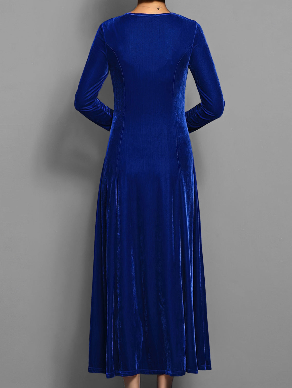 Women's Flared Maxi Dress with Round Neck and Gathered Sleeves in Blue