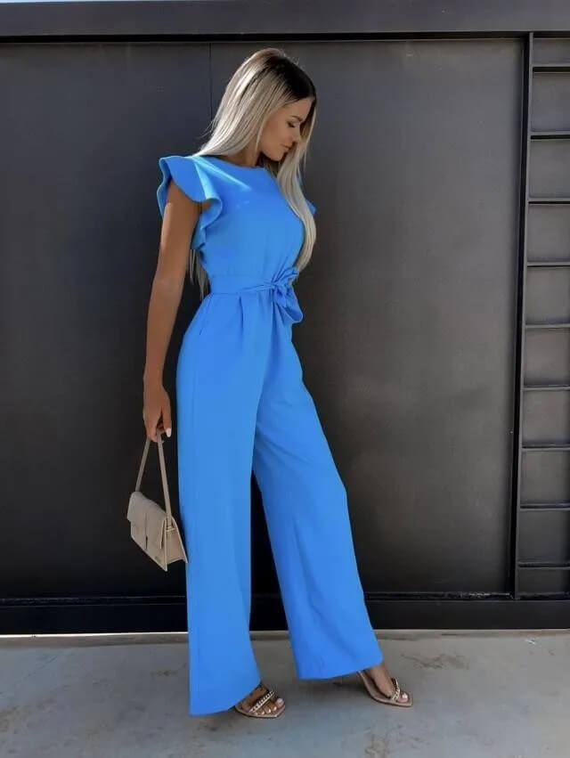 Women's Jumpsuit with Ruffled Sleeves and Tie Waist in Blue