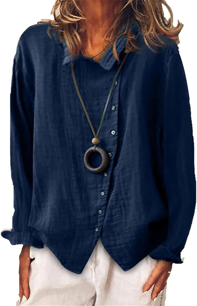 Women's Blue Relaxed-Fit Shirt with Full Button Placket in Blue