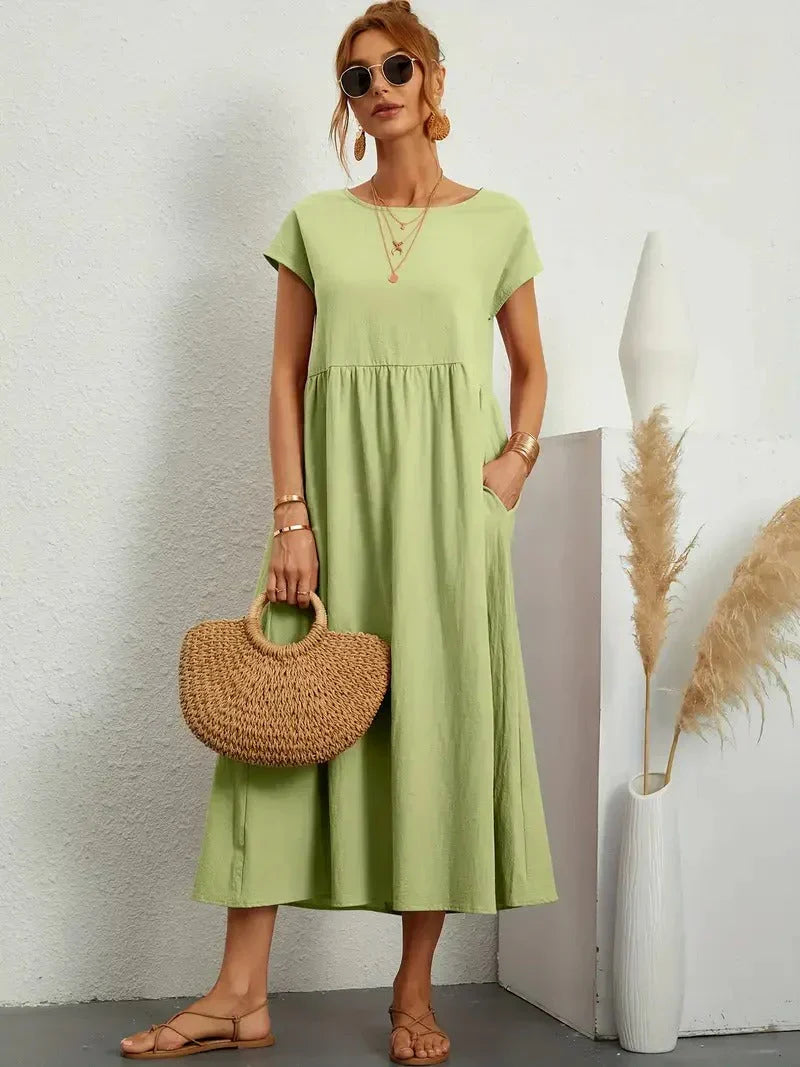 Women's Short-Sleeve Midi Dress with Pockets and Gathered Skirt in Green