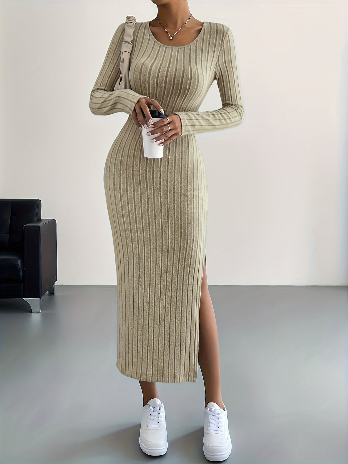 Women's Ribbed Knit Maxi Dress with Round Neck and Side Slit in Khaki