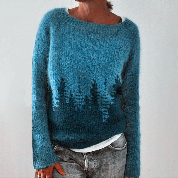 Women's Patterned Knit Jumper with Round Neckline in Blue
