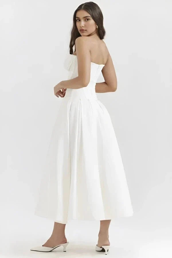 Women's Strapless Midi Dress with Sweetheart Neckline, Full Skirt in White