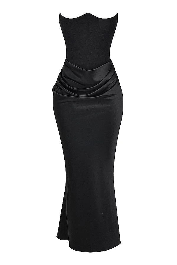Women's Strapless Maxi Dress with Corset Bodice and Ruching in Black
