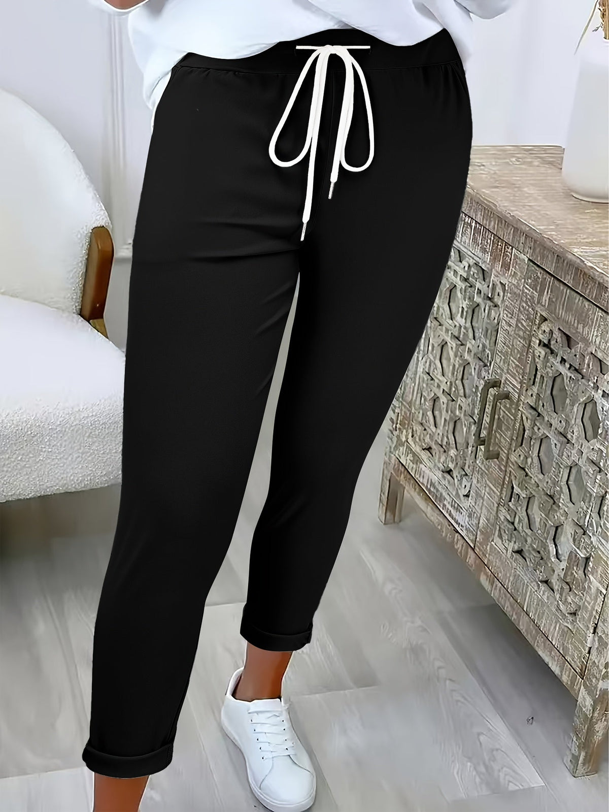 Women's Joggers with Tie Waist and Turn-Up Cuffs in Black