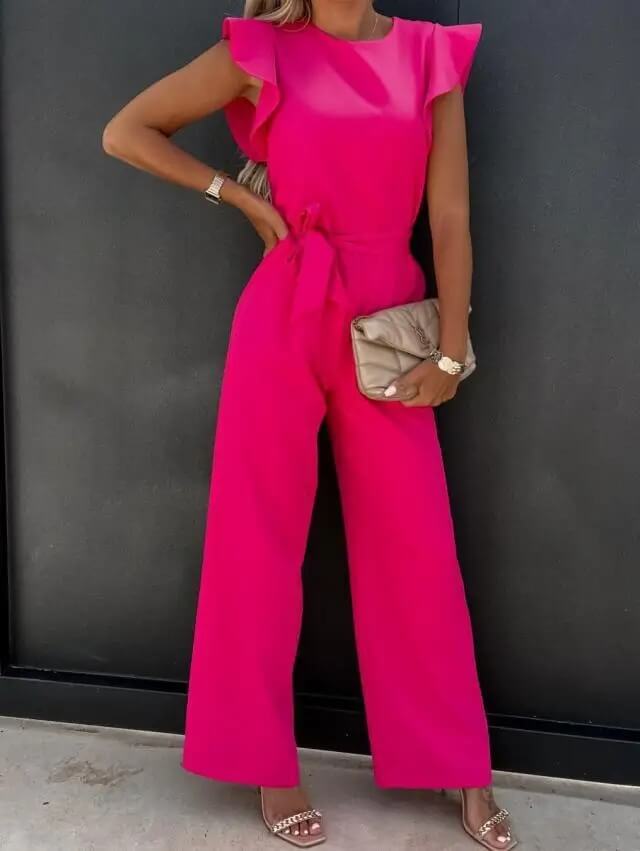 Women's Jumpsuit with Ruffled Sleeves and Tie Waist in Pink