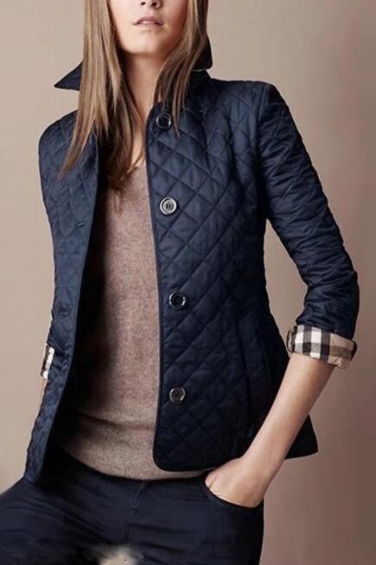 Women's Diamond-Quilted Coat with Collar and Button Front in Blue