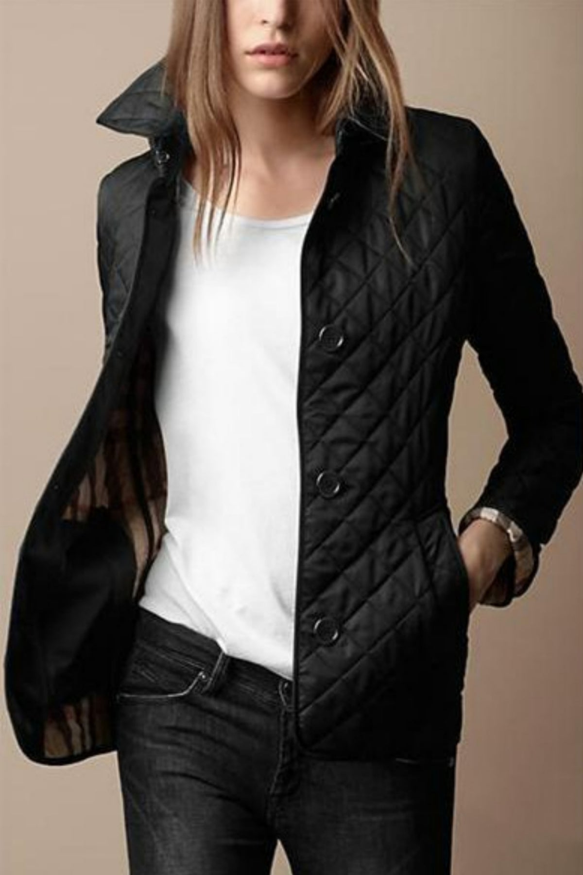 Women's Diamond-Quilted Coat with Collar and Button Front in Black