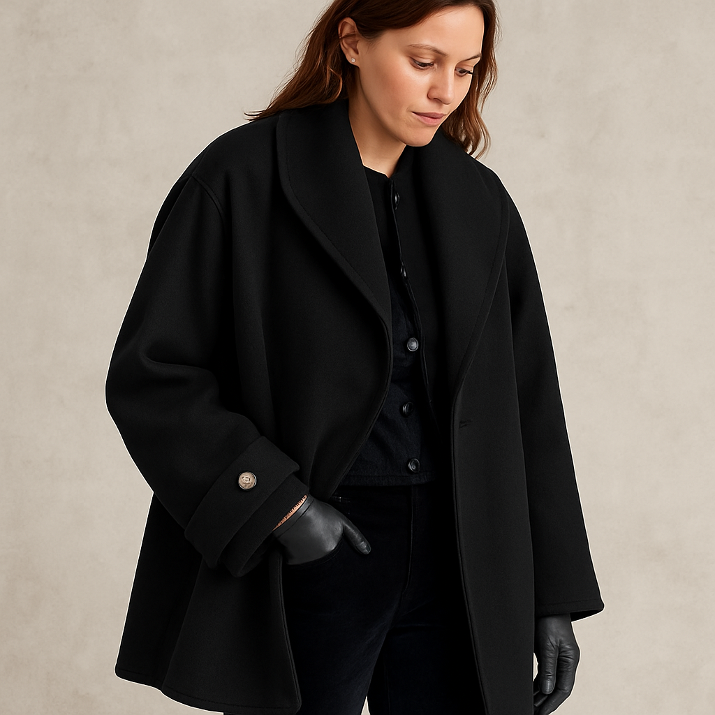 Women's Coat with Wide Lapels and Contrast Piping in Black