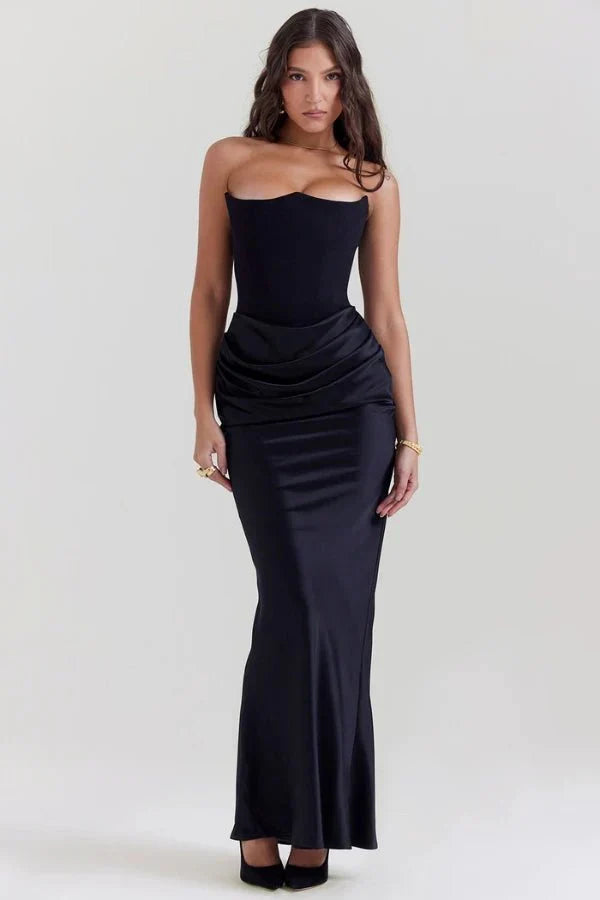Women's Strapless Maxi Dress with Corset Bodice and Ruching in Black