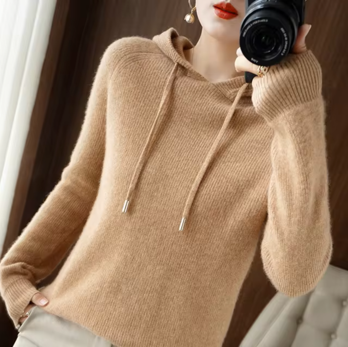 Women's Knitted Hooded Sweater with Drawstrings, Relaxed Fit in Khaki