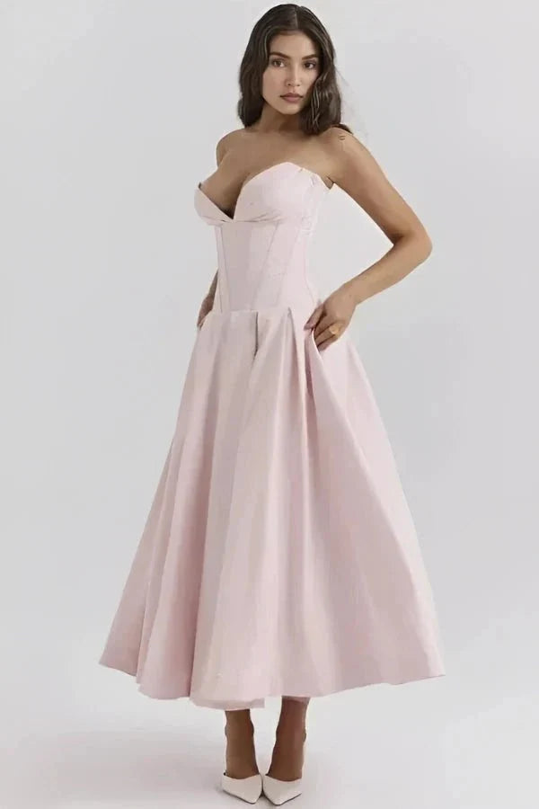 Women's Strapless Midi Dress with Sweetheart Neckline, Full Skirt in Pink