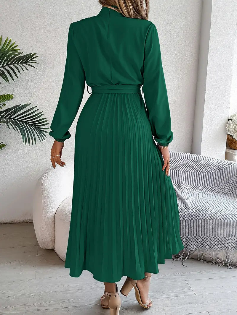 Women's Pleated Midi Dress with Stand Collar and Tie Belt in Green