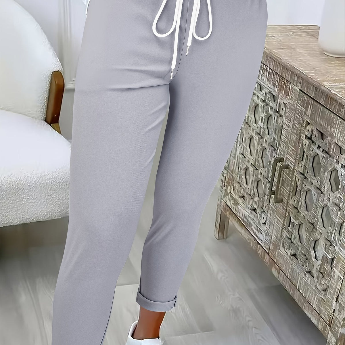 Women's Joggers with Tie Waist and Turn-Up Cuffs in Light Grey