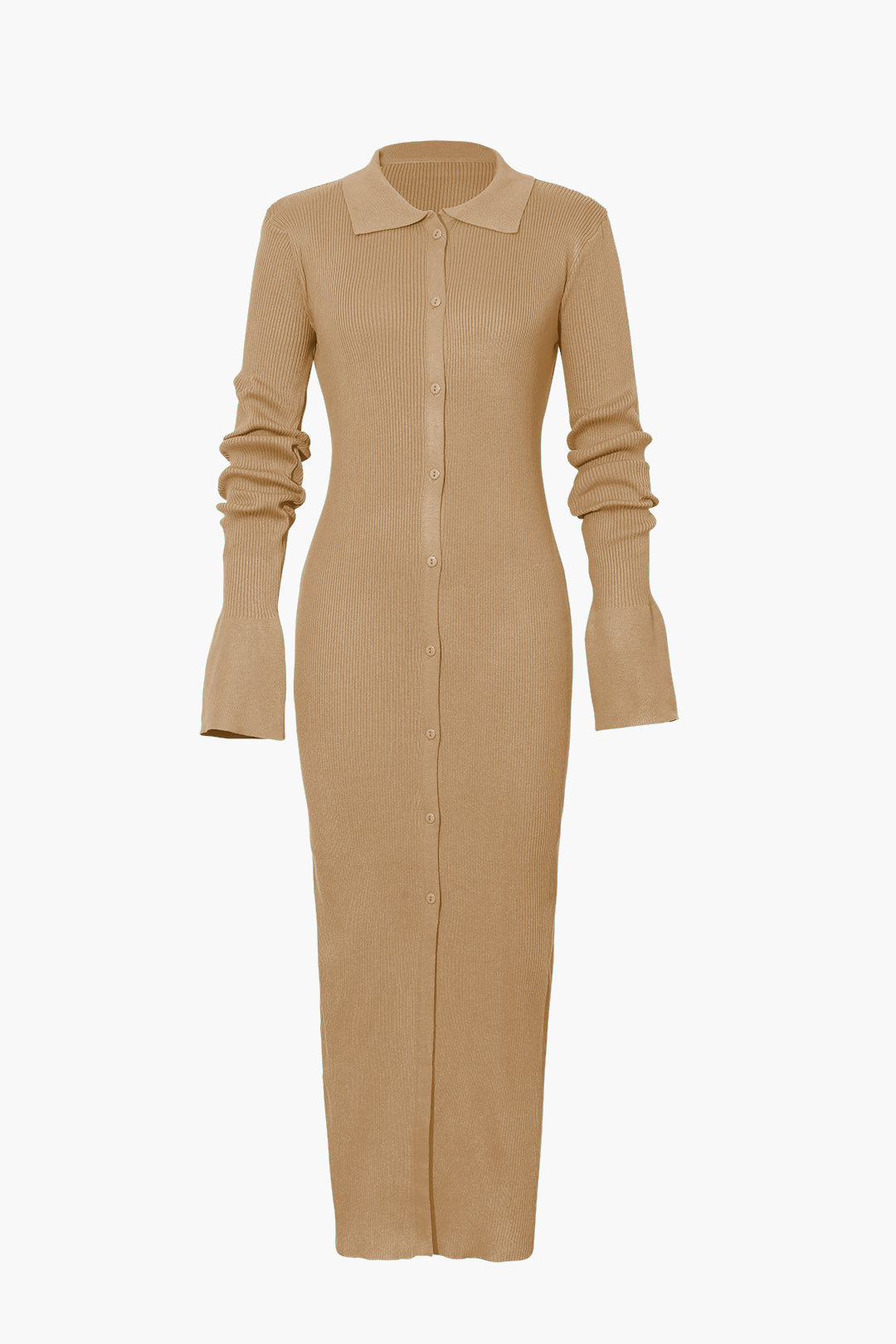Women's Ribbed Knit Maxi Dress with Polo Collar and Button Front in Khaki