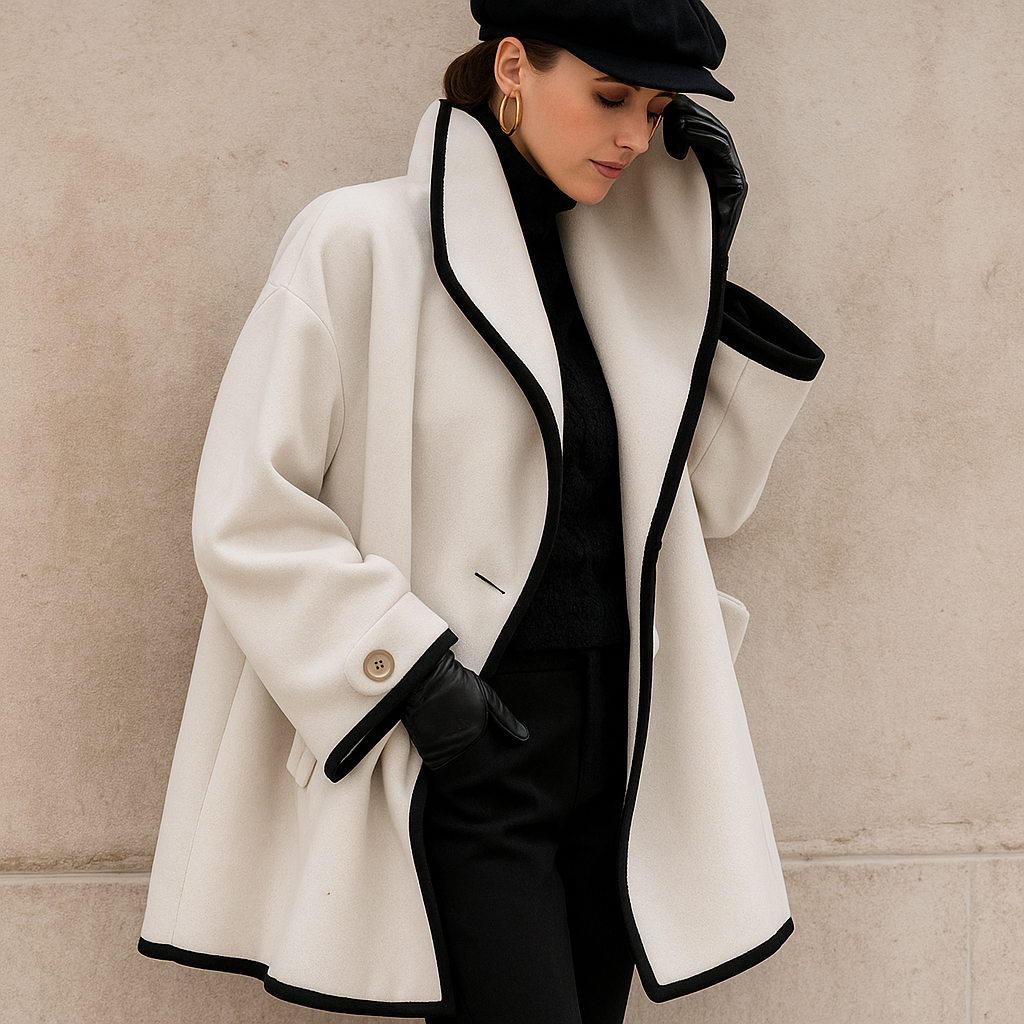 Women's Coat with Wide Lapels and Contrast Piping in White