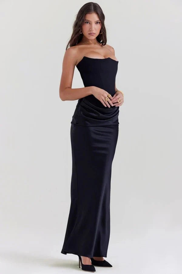 Women's Strapless Maxi Dress with Corset Bodice and Ruching in Black